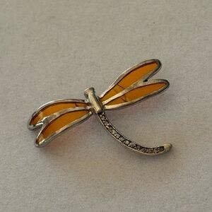 Vintage 925 Sterling Silver Amber Dragonfly Necklace Pendant Charm